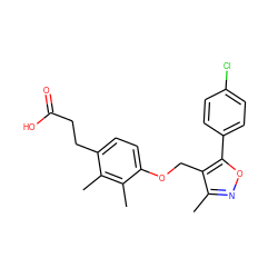 Cc1noc(-c2ccc(Cl)cc2)c1COc1ccc(CCC(=O)O)c(C)c1C ZINC001772584495