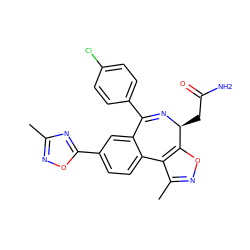 Cc1noc(-c2ccc3c(c2)C(c2ccc(Cl)cc2)=N[C@@H](CC(N)=O)c2onc(C)c2-3)n1 ZINC000210666652