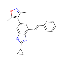 Cc1noc(C)c1-c1cc(/C=C/c2ccccc2)c2nc(C3CC3)[nH]c2c1 ZINC000219409758