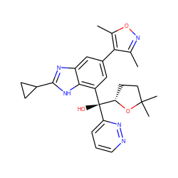 Cc1noc(C)c1-c1cc([C@@](O)(c2cccnn2)[C@@H]2CCC(C)(C)O2)c2[nH]c(C3CC3)nc2c1 ZINC001772629713