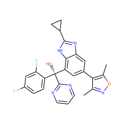 Cc1noc(C)c1-c1cc([C@@](O)(c2ncccn2)c2ccc(F)cc2F)c2[nH]c(C3CC3)nc2c1 ZINC001772589799