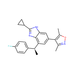 Cc1noc(C)c1-c1cc([C@@H](C)c2ccc(F)cc2)c2nc(C3CC3)[nH]c2c1 ZINC000219425812