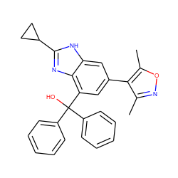 Cc1noc(C)c1-c1cc(C(O)(c2ccccc2)c2ccccc2)c2nc(C3CC3)[nH]c2c1 ZINC000219343801