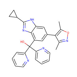 Cc1noc(C)c1-c1cc(C(O)(c2ccccn2)c2ccccn2)c2nc(C3CC3)[nH]c2c1 ZINC000219358367