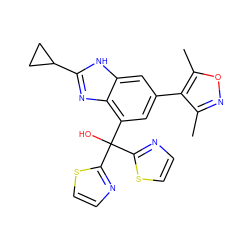 Cc1noc(C)c1-c1cc(C(O)(c2nccs2)c2nccs2)c2nc(C3CC3)[nH]c2c1 ZINC000219391862