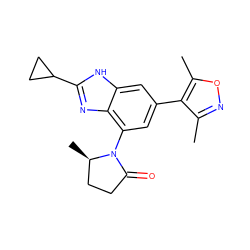 Cc1noc(C)c1-c1cc(N2C(=O)CC[C@H]2C)c2nc(C3CC3)[nH]c2c1 ZINC000219426382