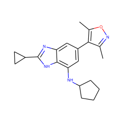 Cc1noc(C)c1-c1cc(NC2CCCC2)c2[nH]c(C3CC3)nc2c1 ZINC001772588461