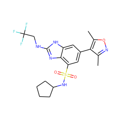 Cc1noc(C)c1-c1cc(S(=O)(=O)NC2CCCC2)c2nc(NCC(F)(F)F)[nH]c2c1 ZINC000219545814