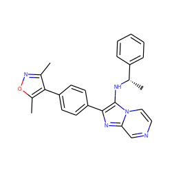 Cc1noc(C)c1-c1ccc(-c2nc3cnccn3c2N[C@@H](C)c2ccccc2)cc1 ZINC000299819602