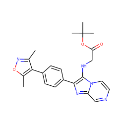 Cc1noc(C)c1-c1ccc(-c2nc3cnccn3c2NCC(=O)OC(C)(C)C)cc1 ZINC000299836906