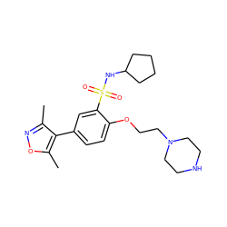 Cc1noc(C)c1-c1ccc(OCCN2CCNCC2)c(S(=O)(=O)NC2CCCC2)c1 ZINC000095579317