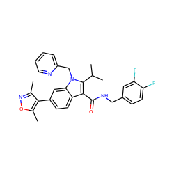 Cc1noc(C)c1-c1ccc2c(C(=O)NCc3ccc(F)c(F)c3)c(C(C)C)n(Cc3ccccn3)c2c1 ZINC000096172196