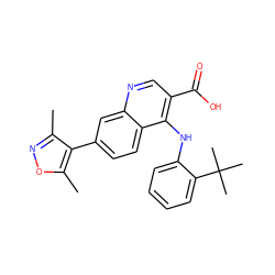 Cc1noc(C)c1-c1ccc2c(Nc3ccccc3C(C)(C)C)c(C(=O)O)cnc2c1 ZINC000084635698