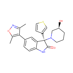 Cc1noc(C)c1-c1ccc2c(c1)[C@@](c1ccsc1)(N1CCC[C@H](O)C1)C(=O)N2 ZINC000219476139