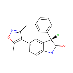 Cc1noc(C)c1-c1ccc2c(c1)[C@](Cl)(c1ccccc1)C(=O)N2 ZINC000219549257