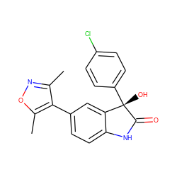 Cc1noc(C)c1-c1ccc2c(c1)[C@](O)(c1ccc(Cl)cc1)C(=O)N2 ZINC000220541976