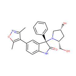 Cc1noc(C)c1-c1ccc2c(c1)[C@](c1ccccc1)(N1C[C@H](O)C[C@@H]1CO)C(=O)N2 ZINC001772583333