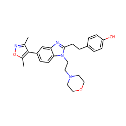 Cc1noc(C)c1-c1ccc2c(c1)nc(CCc1ccc(O)cc1)n2CCN1CCOCC1 ZINC001772650652