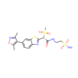 Cc1noc(C)c1-c1ccc2nc([C@@H](C(=O)NCCS(N)(=O)=O)S(C)(=O)=O)sc2c1 ZINC000144132344