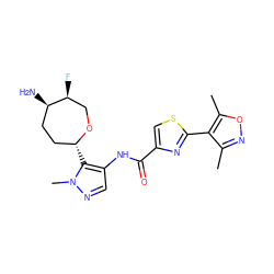 Cc1noc(C)c1-c1nc(C(=O)Nc2cnn(C)c2[C@@H]2CC[C@@H](N)[C@@H](F)CO2)cs1 ZINC000216886966