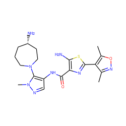 Cc1noc(C)c1-c1nc(C(=O)Nc2cnn(C)c2N2CCC[C@H](N)CC2)c(N)s1 ZINC000169699466