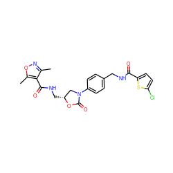 Cc1noc(C)c1C(=O)NC[C@@H]1CN(c2ccc(CNC(=O)c3ccc(Cl)s3)cc2)C(=O)O1 ZINC000169685207