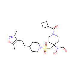 Cc1noc(C)c1CCC1CCN(S(=O)(=O)CC2(N(O)C=O)CCN(C(=O)C3CCC3)CC2)CC1 ZINC000071295154