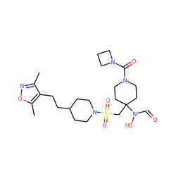 Cc1noc(C)c1CCC1CCN(S(=O)(=O)CC2(N(O)C=O)CCN(C(=O)N3CCC3)CC2)CC1 ZINC000071294247