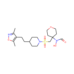 Cc1noc(C)c1CCC1CCN(S(=O)(=O)CC2(N(O)C=O)CCOCC2)CC1 ZINC000071280700