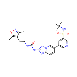 Cc1noc(C)c1CCNC(=O)Nc1nc2ccc(-c3cncc(S(=O)(=O)NC(C)(C)C)c3)cn2n1 ZINC000084712905