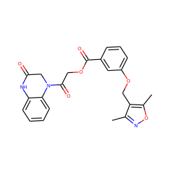 Cc1noc(C)c1COc1cccc(C(=O)OCC(=O)N2CC(=O)Nc3ccccc32)c1 ZINC000002635563