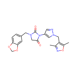 Cc1noc(C)c1Cn1cc(N2C(=O)CN(Cc3ccc4c(c3)OCO4)C2=O)cn1 ZINC000115731263