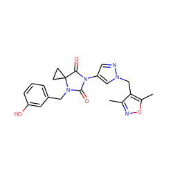 Cc1noc(C)c1Cn1cc(N2C(=O)N(Cc3cccc(O)c3)C3(CC3)C2=O)cn1 ZINC000115733054