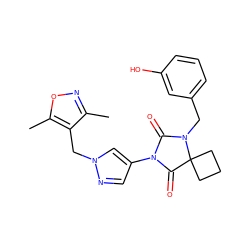 Cc1noc(C)c1Cn1cc(N2C(=O)N(Cc3cccc(O)c3)C3(CCC3)C2=O)cn1 ZINC000115733323