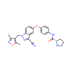 Cc1noc(C)c1Cn1nc(C#N)c2cc(Oc3ccc(NC(=O)[C@@H]4CCCN4)cc3)ccc21 ZINC000299866492