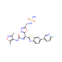 Cc1noc(C)c1NC(=O)N[C@@H](c1nnc(CNS(N)(=O)=O)o1)c1nc2ccc(-c3ccc(F)nc3)cc2s1 ZINC000206761529