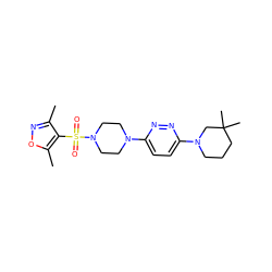 Cc1noc(C)c1S(=O)(=O)N1CCN(c2ccc(N3CCCC(C)(C)C3)nn2)CC1 ZINC001772602788