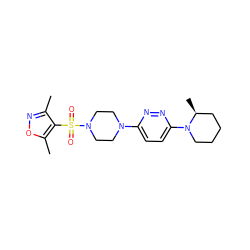 Cc1noc(C)c1S(=O)(=O)N1CCN(c2ccc(N3CCCC[C@@H]3C)nn2)CC1 ZINC000585175506