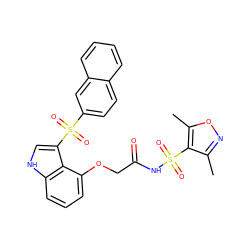 Cc1noc(C)c1S(=O)(=O)NC(=O)COc1cccc2[nH]cc(S(=O)(=O)c3ccc4ccccc4c3)c12 ZINC000049867751