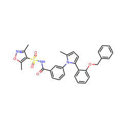 Cc1noc(C)c1S(=O)(=O)NC(=O)c1cccc(-n2c(C)ccc2-c2ccccc2OCc2ccccc2)c1 ZINC000028822615