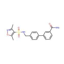 Cc1noc(C)c1S(=O)(=O)NCc1ccc(-c2cccc(C(N)=O)c2)cc1 ZINC000103281436