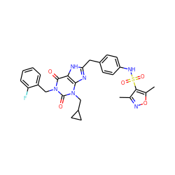 Cc1noc(C)c1S(=O)(=O)Nc1ccc(Cc2nc3c([nH]2)c(=O)n(Cc2ccccc2F)c(=O)n3CC2CC2)cc1 ZINC000003838295