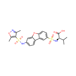 Cc1noc(C)c1S(=O)(=O)Nc1ccc2c(c1)oc1ccc(S(=O)(=O)N[C@@H](C(=O)O)C(C)C)cc12 ZINC000040914529