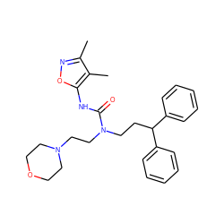 Cc1noc(NC(=O)N(CCC(c2ccccc2)c2ccccc2)CCN2CCOCC2)c1C ZINC000096258229