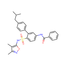 Cc1noc(NS(=O)(=O)c2ccc(NC(=O)c3ccccc3)cc2-c2ccc(CC(C)C)cc2)c1C ZINC000013782457