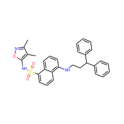 Cc1noc(NS(=O)(=O)c2cccc3c(NCCC(c4ccccc4)c4ccccc4)cccc23)c1C ZINC000013741064