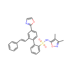 Cc1noc(NS(=O)(=O)c2ccccc2-c2ccc(-c3ncco3)cc2/C=C/c2ccccc2)c1C ZINC000001895377