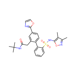 Cc1noc(NS(=O)(=O)c2ccccc2-c2ccc(-c3ncco3)cc2CC(=O)NC(C)(C)C)c1C ZINC000013492870