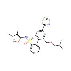 Cc1noc(NS(=O)(=O)c2ccccc2-c2ccc(-c3ncco3)cc2COCC(C)C)c1C ZINC000013492872