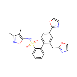 Cc1noc(NS(=O)(=O)c2ccccc2-c2ccc(-c3ncco3)cc2Cc2ncco2)c1C ZINC000013492880